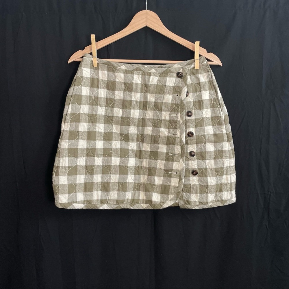 Madewell Checkered Button-Front Skirt in Green and Cream